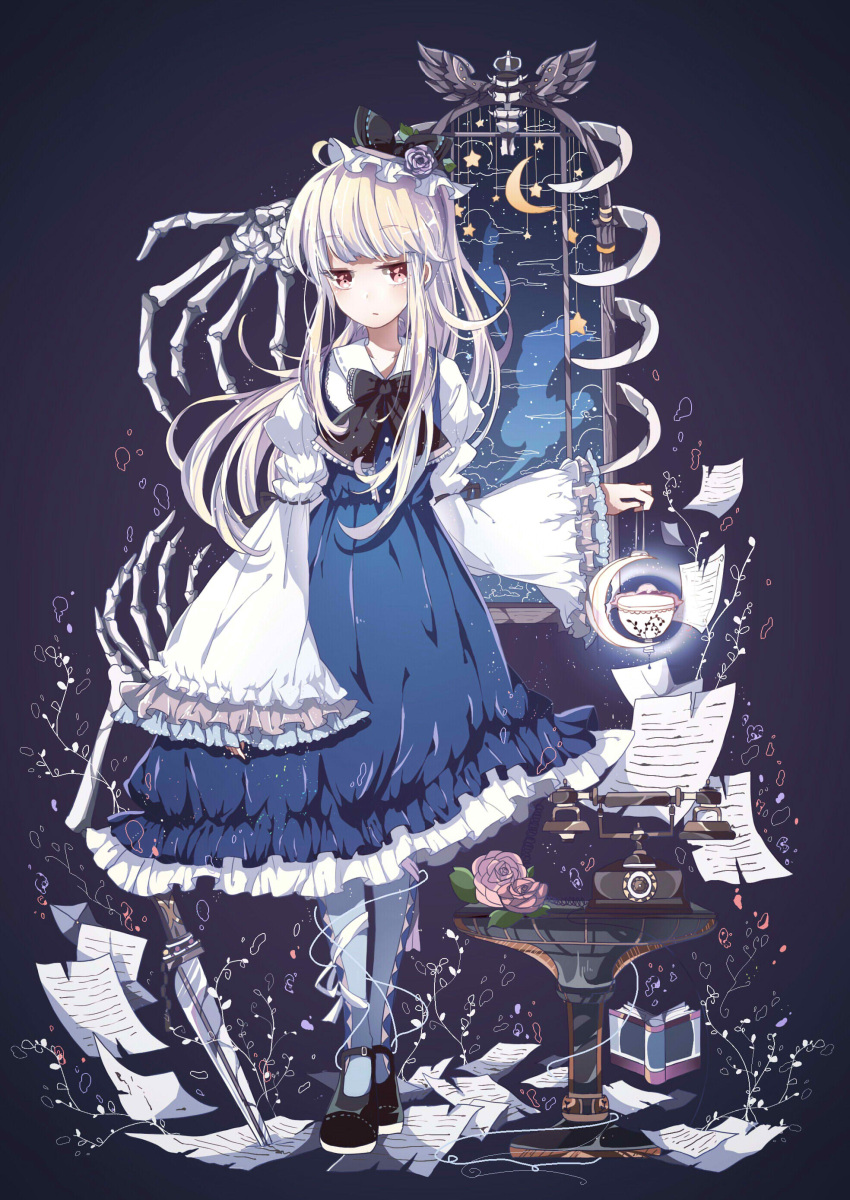 1girl absurdres azure-aoi- blonde_hair blue_legwear closed_mouth crescent_moon cup eyebrows_visible_through_hair highres long_hair looking_at_viewer moon original pantyhose paper phone red_eyes solo star sword table teacup weapon
