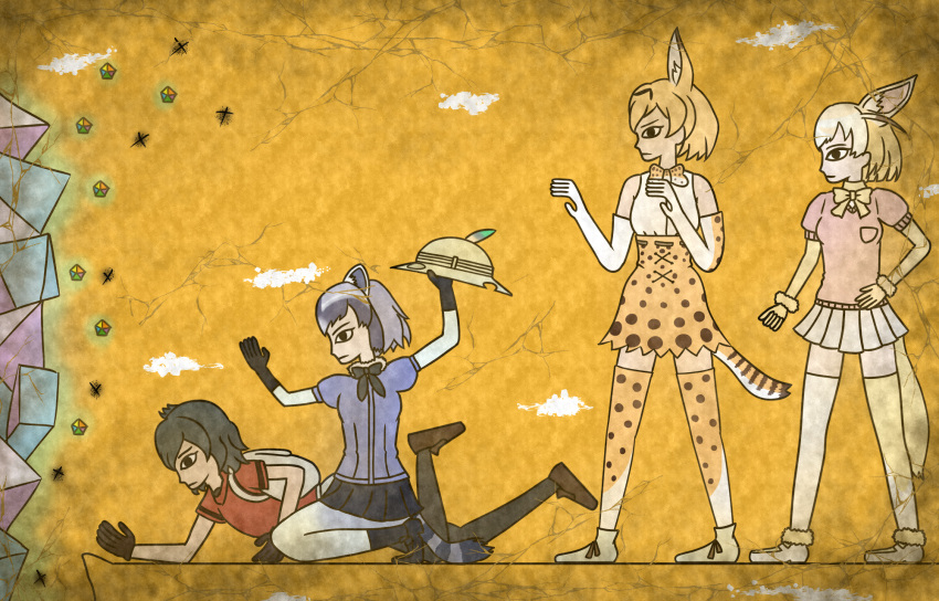 4girls all_fours animal_ears backpack bag bare_shoulders black_bow black_eyes black_gloves black_hair black_legwear black_shoes black_skirt blonde_hair blue_shirt bow bowtie breast_pocket brown_gloves brown_hair brown_shoes bucket_hat closed_mouth commentary_request common_raccoon_(kemono_friends) crack egyptian_art elbow_gloves fennec_(kemono_friends) fox_ears fox_tail from_side full_body fur_collar fur_trim gloves glowing grey_hair hand_on_hip hat hat_feather hat_removed headwear_removed high-waist_skirt highres holding holding_hat kaban_(kemono_friends) kemono_friends kita_(7kita) legs_apart multicolored_hair multiple_girls pantyhose pink_sweater pleated_skirt pocket profile puffy_short_sleeves puffy_sleeves raccoon_ears raccoon_tail red_shirt sandstar sandstar_low serval_(kemono_friends) serval_ears serval_print serval_tail shirt shoes short_hair short_sleeves sitting sitting_on_person skirt sleeveless sleeveless_shirt socks standing striped_tail sweater tail thigh-highs white_hair white_shirt white_shoes yellow_background yellow_bow yellow_gloves yellow_skirt