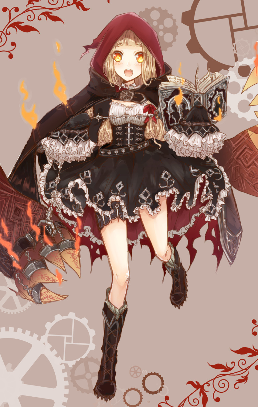 1girl absurdres black_dress blonde_hair blush book boots bow cloak dress frilled_dress frilled_sleeves frills full_body hair_bow highres holding holding_book hood hood_up hooded_cloak little_red_riding_hood_(sinoalice) long_hair looking_at_viewer open_book open_mouth red_bow red_hair_bow sinoalice sleeves_past_wrists solo unyamochi yellow_eyes
