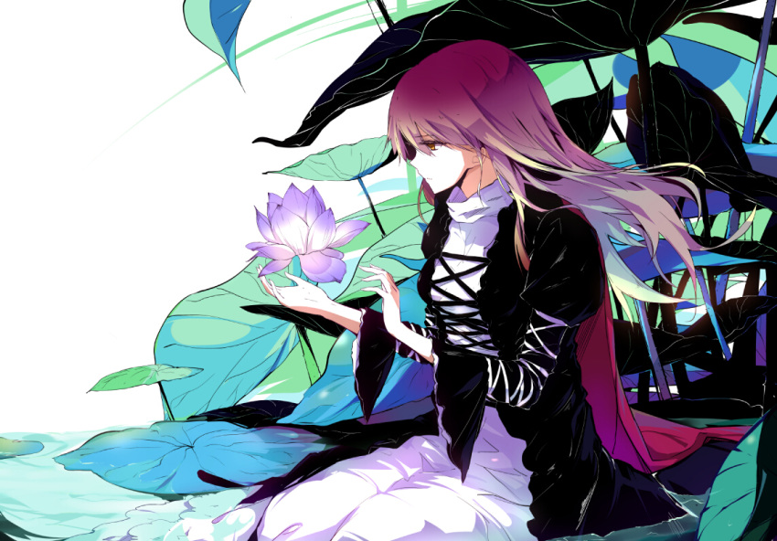 1girl blonde_hair cape dress expressionless flower gradient_hair hijiri_byakuren leaf long_hair long_sleeves lotus multicolored_hair partially_submerged profile puffy_long_sleeves puffy_sleeves purple_hair sam_ashton sitting solo touhou water white_background white_dress wide_sleeves yellow_eyes