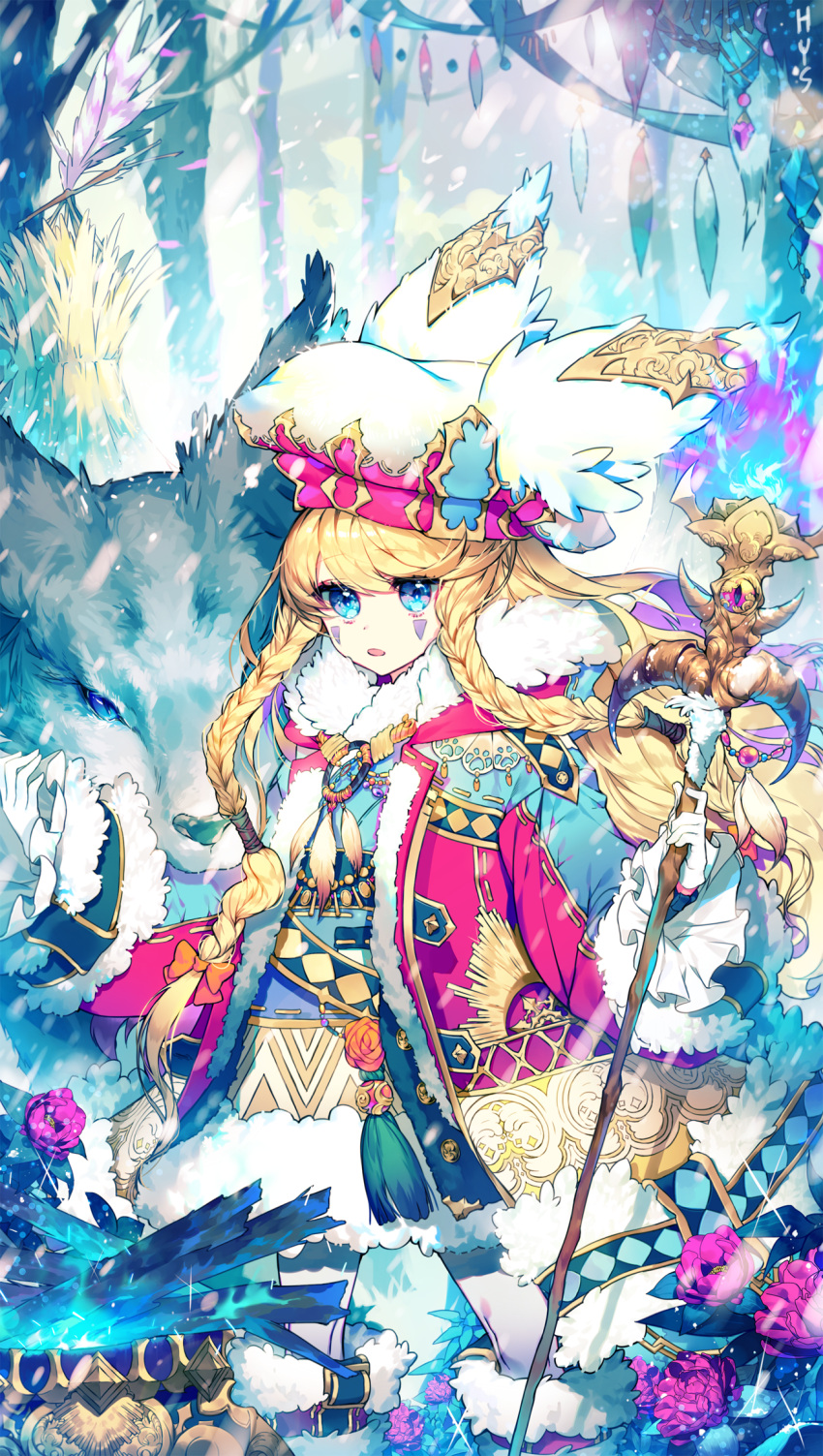 1girl animal blonde_hair blue_eyes blush braid eyebrows_visible_through_hair gloves hayanse highres holding holding_staff long_hair looking_at_viewer original parted_lips solo staff white_gloves winter wolf