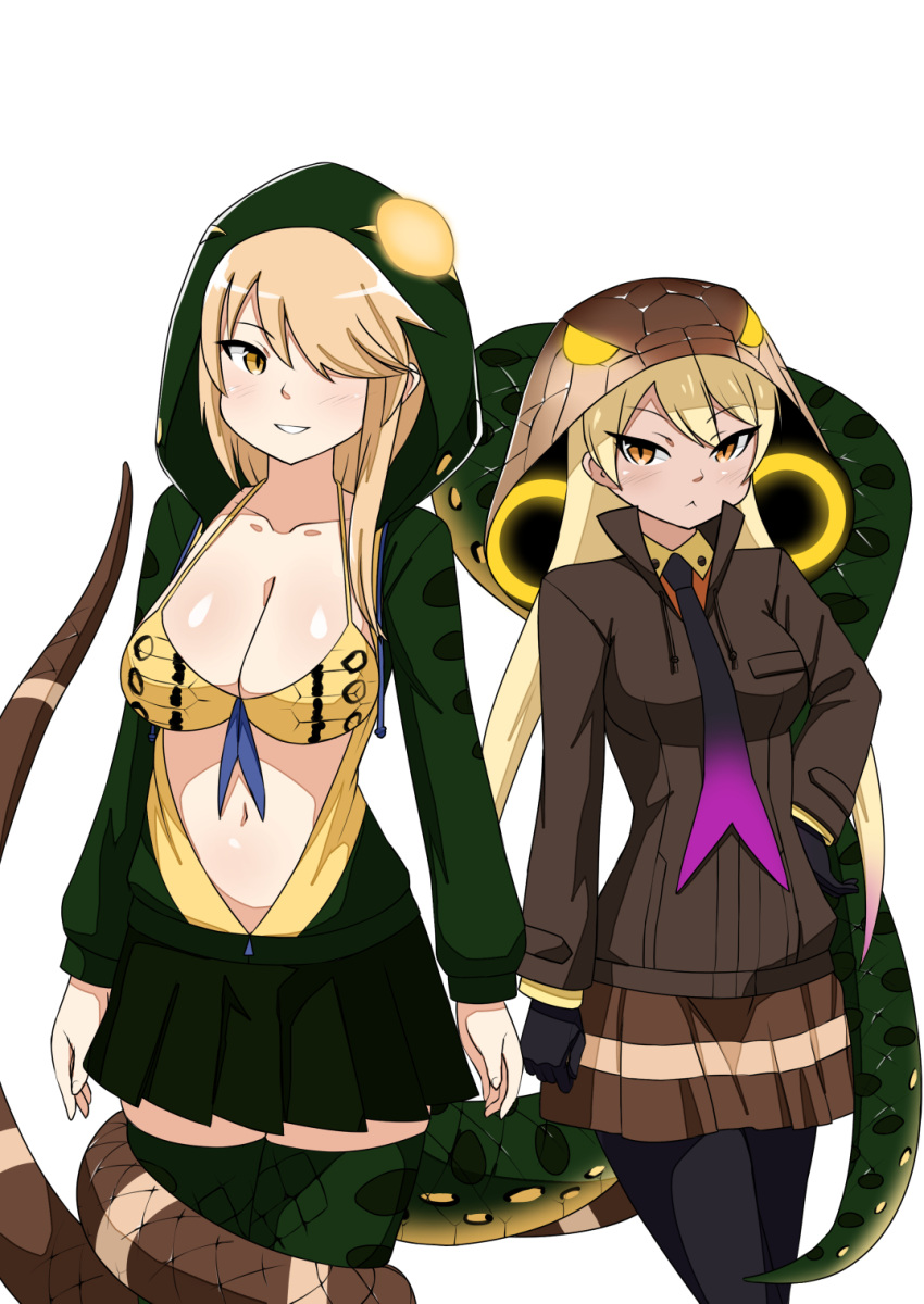 &gt;:&lt; 2girls bikini_top black_gloves black_legwear blonde_hair breasts brown_eyes center_opening character_request cleavage closed_mouth collarbone commentary cowboy_shot dark_skin drawstring gloves green_eyes green_legwear hair_over_one_eye hand_on_hip highres hood kaafi kemono_friends king_cobra_(kemono_friends) large_breasts long_hair long_sleeves looking_at_viewer multiple_girls navel necktie pantyhose parted_lips pleated_skirt shirt simple_background skirt slit_pupils smile snake_tail tail tail_wrap thigh-highs white_background yellow_eyes
