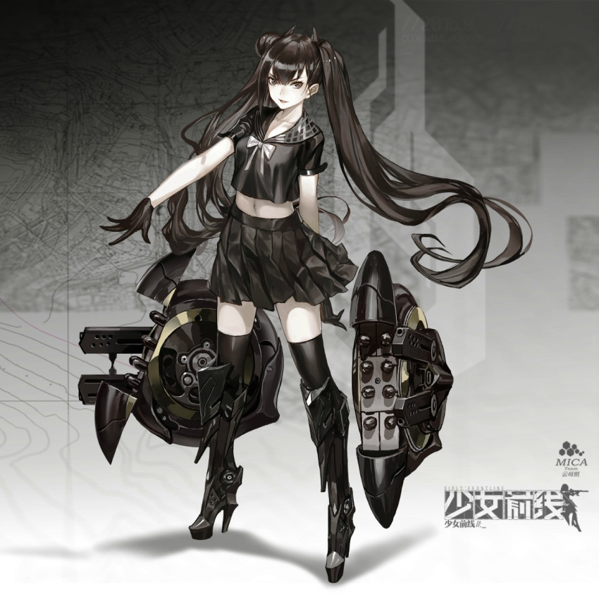 1girl armor armored_boots black_boots black_eyes black_gloves black_hair black_legwear black_serafuku black_shirt black_skirt boots bow bowtie collarbone crop_top floating_hair full_body girls_frontline gloves high_heel_boots high_heels highres infukun knee_boots long_hair looking_at_viewer midriff miniskirt navel open_mouth pleated_skirt school_uniform serafuku shirt short_sleeves skirt smile solo standing stomach thigh-highs twintails very_long_hair white_bow white_bowtie zettai_ryouiki