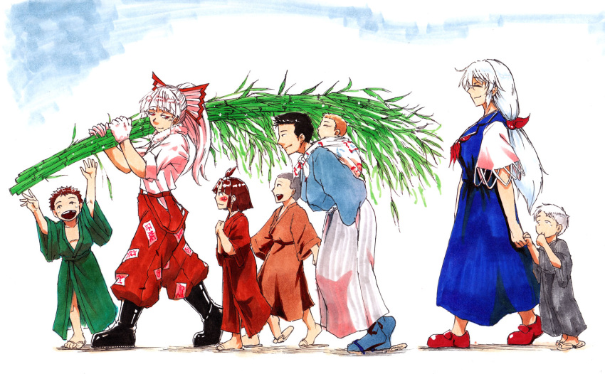 3girls 5boys alternate_hairstyle baggy_pants bamboo blue_dress boots bow carrying colored dress fujiwara_no_mokou gloves hair_bow highres kamishirasawa_keine koyubi_(littlefinger1988) long_hair long_ponytail multiple_boys multiple_girls open_mouth pants red_eyes sandals short_sleeves smile suspenders tanabata touhou white_hair