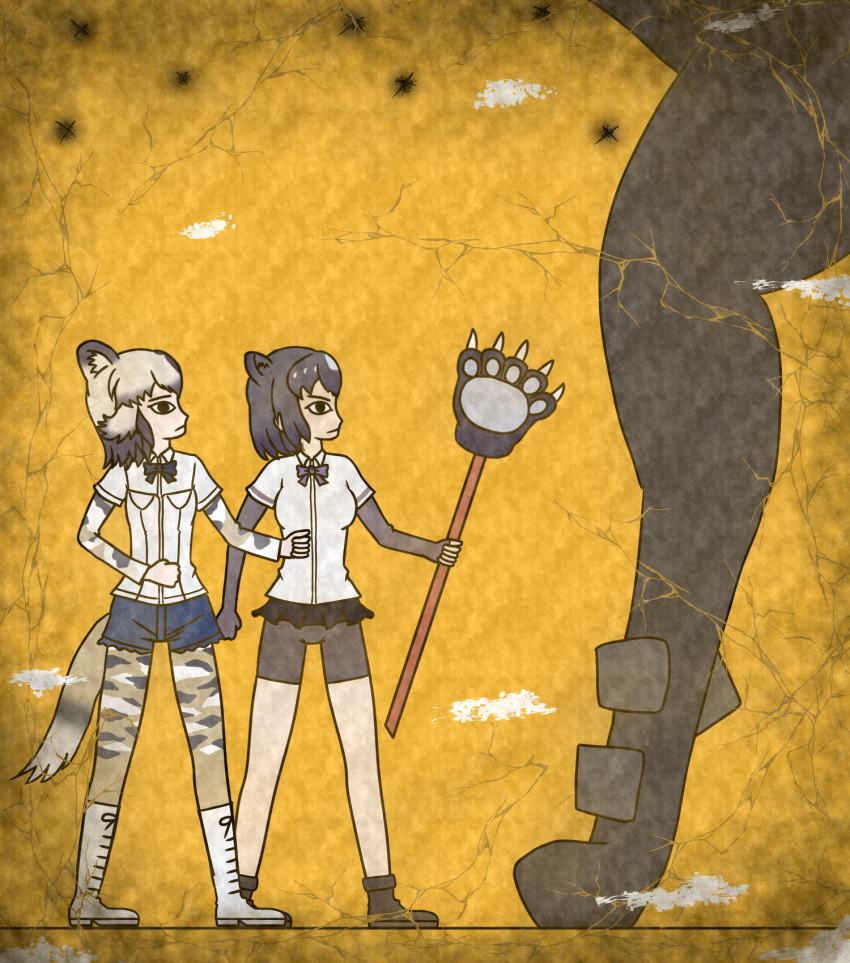 2girls african_wild_dog_(kemono_friends) african_wild_dog_ears african_wild_dog_tail animal_ears bear_ears bear_paw_hammer beige_hair beige_shirt bike_shorts black_bow black_bowtie black_cerulean_(kemono_friends) black_eyes black_gloves black_hair black_shorts black_skirt boots bow bowtie brown_bear_(kemono_friends) brown_boots clenched_hands closed_mouth collared_shirt commentary_request crack egyptian_art elbow_gloves fingerless_gloves from_side gloves height_difference highres holding kemono_friends kita_(7kita) legs_apart long_sleeves looking_up microskirt multicolored_hair multiple_girls pantyhose pleated_skirt profile sandstar_low shirt short_hair short_sleeves shorts skirt standing two-tone_hair white_boots white_hair white_shirt wing_collar yellow_background