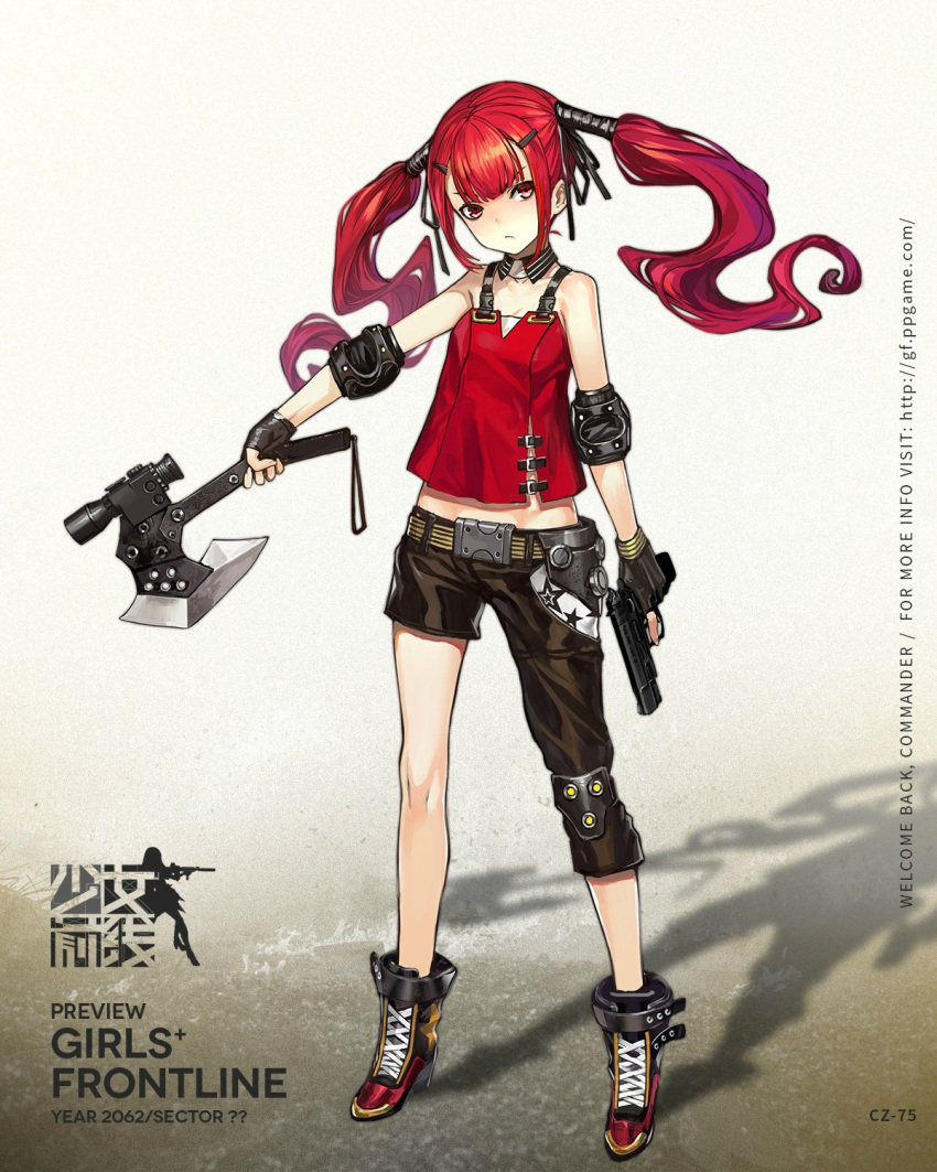 1girl asymmetrical_clothes black_gloves black_pants black_ribbon breasts brown_eyes choker cleavage collarbone copyright_name fingerless_gloves floating_hair girls_frontline gloves grey_background gun hair_ornament hair_ribbon hairclip head_tilt highres holding holding_axe holding_gun holding_weapon infukun long_hair looking_at_viewer pants red_shirt redhead ribbon shirt sleeveless sleeveless_shirt small_breasts solo standing twintails very_long_hair weapon