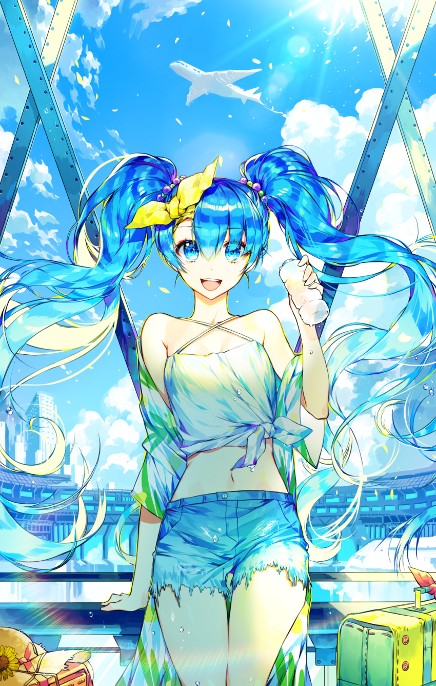 1girl blue_eyes blue_hair blush bottle eyebrows_visible_through_hair flower hat hat_removed hatsune_miku hayanse headwear_removed highres holding holding_bottle long_hair looking_at_viewer navel open_mouth smile solo suitcase summer sunflower teeth twintails vocaloid