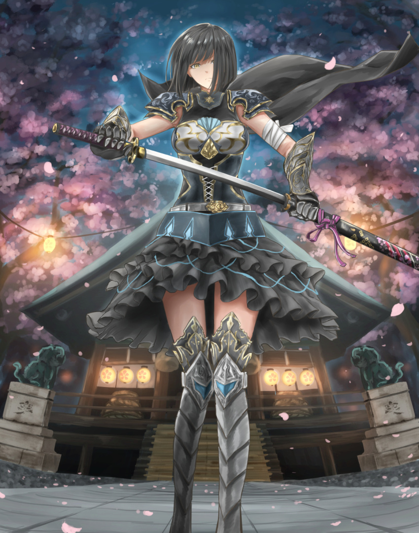 1girl armor black_cape black_hair black_skirt breasts cape highres holding holding_sheath holding_sword holding_weapon k_ryo large_breasts looking_at_viewer original petals sheath short_hair skirt stairs statue sword unsheathing weapon yellow_eyes