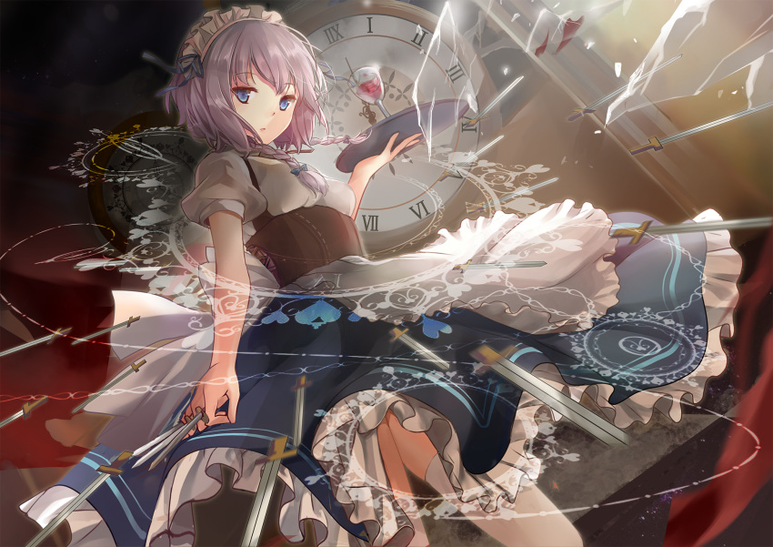 1girl apron blue_eyes clock corset cup drinking_glass elise_(piclic) highres izayoi_sakuya knife looking_at_viewer maid maid_headdress puffy_short_sleeves puffy_sleeves shards shirt short_sleeves silver_hair skirt solo thigh-highs thighs throwing_knife touhou tray underbust waist_apron white_legwear wine_glass