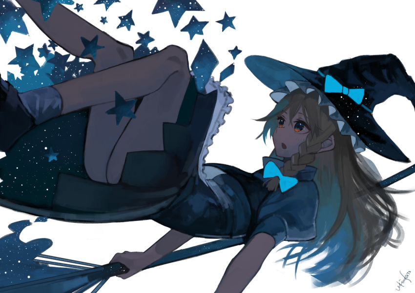 1girl apron blonde_hair blue_bow bow braid broom from_side hair_bow hat hat_bow kirisame_marisa legs looking_away open_mouth orange_eyes puffy_short_sleeves puffy_sleeves short_sleeves side_braid signature simple_background single_braid skirt skirt_set socks solo star starry_sky_print touhou ukimesato upskirt waist_apron white_background witch_hat