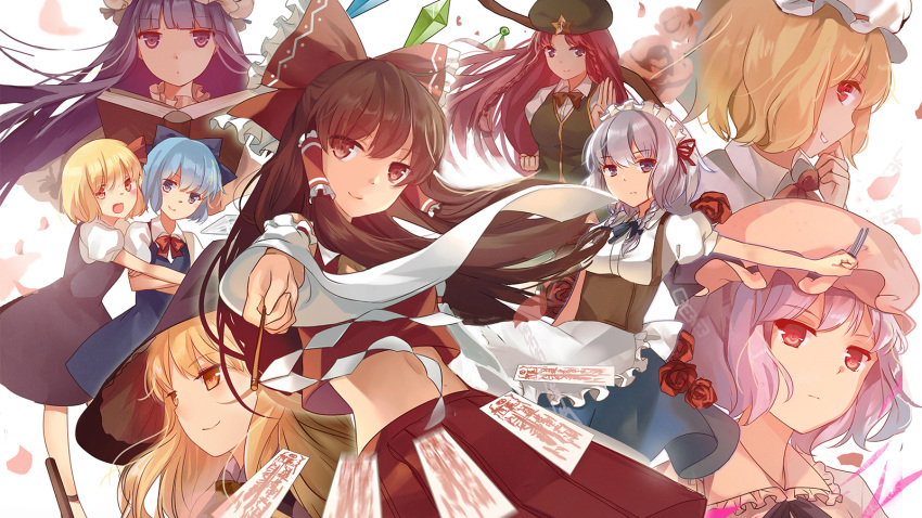 6+girls bangs black_dress black_hat blonde_hair blue_bow blue_eyes blue_hair blunt_bangs book bow braid brown_hair cirno clenched_hand crossed_arms detached_sleeves dress elise_(piclic) expressionless flandre_scarlet flower gohei green_hat hair_bow hair_ribbon hair_tubes hakurei_reimu hat highres hong_meiling izayoi_sakuya kirisame_marisa knife lavender_hair long_hair looking_at_viewer maid_headdress midriff mob_cap multiple_girls ofuda open_mouth patchouli_knowledge puffy_short_sleeves puffy_sleeves purple_hair red_bow red_eyes red_ribbon red_rose red_skirt redhead remilia_scarlet ribbon rose rumia shide short_hair short_sleeves silver_hair skirt skirt_set smile star the_embodiment_of_scarlet_devil touhou twin_braids vest violet_eyes wings witch_hat yellow_eyes