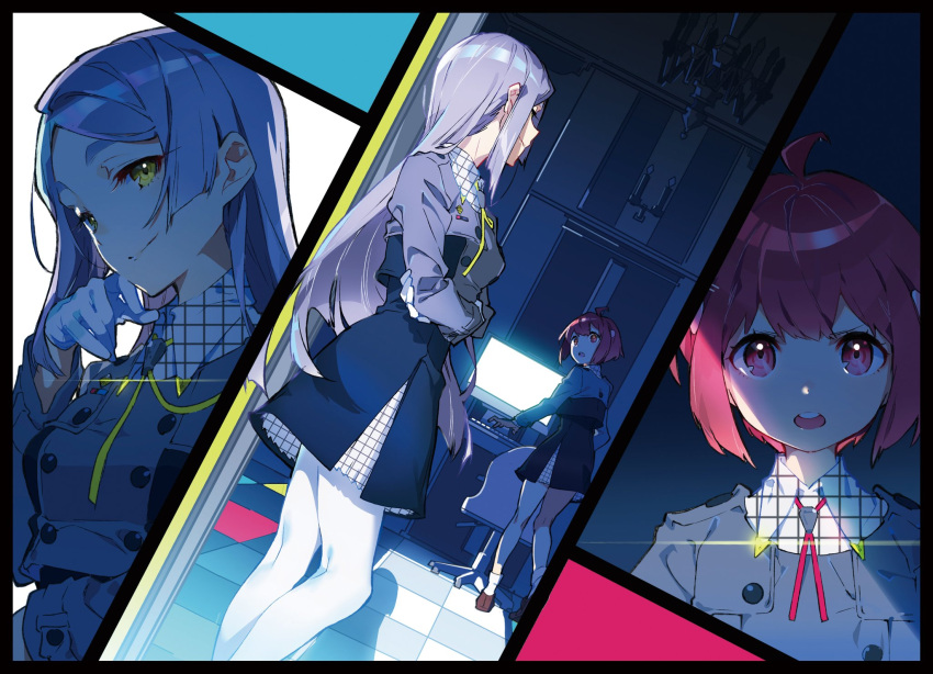 2girls ahoge blue_hair bolo_tie chair computer dress gakuen_koushounin gloves hanasaki_kaori highres long_hair long_sleeves multiple_girls office_chair official_art redhead school_uniform short_hair yoneyama_mai