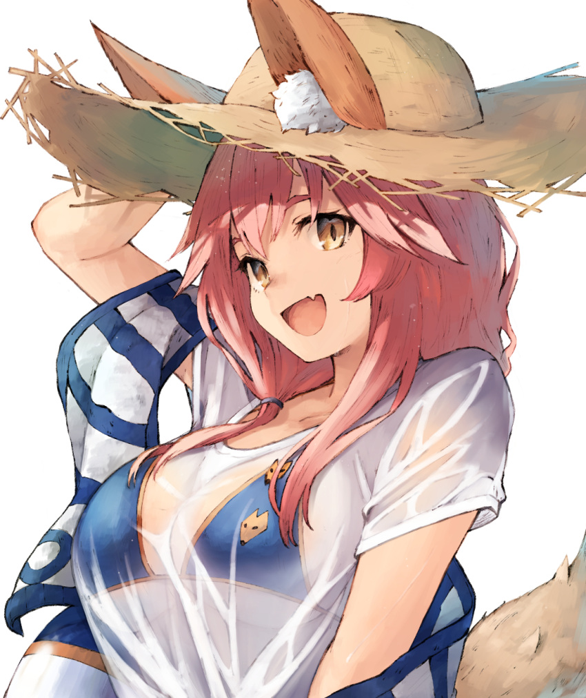 1girl :d animal_ears arm_up bikini_top blue_bikini_top breasts brown_eyes cleavage fang fate/grand_order fate_(series) fox_ears fox_tail hand_on_headwear hat highres innertube koretsuki_azuma large_breasts long_hair looking_at_viewer open_mouth pink_hair see-through shirt smile solo straw_hat sun_hat t-shirt tail tamamo_(fate)_(all) tamamo_no_mae_(swimsuit_lancer)_(fate) upper_body wet wet_clothes wet_shirt