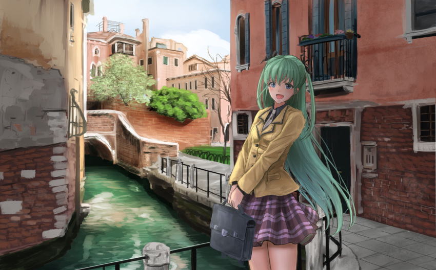 1girl alice_carroll aria bag black_ribbon blue_eyes blush eyebrows_visible_through_hair green_hair hair_ribbon handbag highres k_ryo long_hair looking_at_viewer open_mouth railing ribbon smile solo