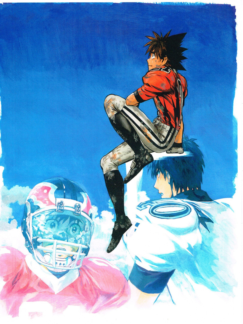 :o black_eyes black_hair clouds cloudy_sky commentary_request dirty_clothes elbow_on_knee eyeshield_21 football_helmet football_uniform from_behind from_side helmet highres kobayakawa_sena looking_afar looking_up multicolored_hair multiple_views murata_yuusuke official_art open_mouth pointy_hair scan sitting sky sportswear