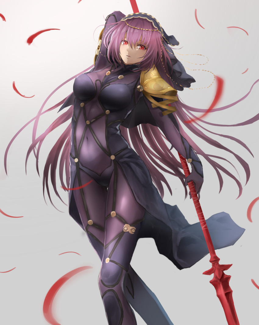 1girl breasts brown_hair eyebrows_visible_through_hair fate/grand_order fate_(series) highres holding_spear k_ryo large_breasts long_hair looking_at_viewer parted_lips polearm red_eyes scathach_(fate/grand_order) solo spear weapon