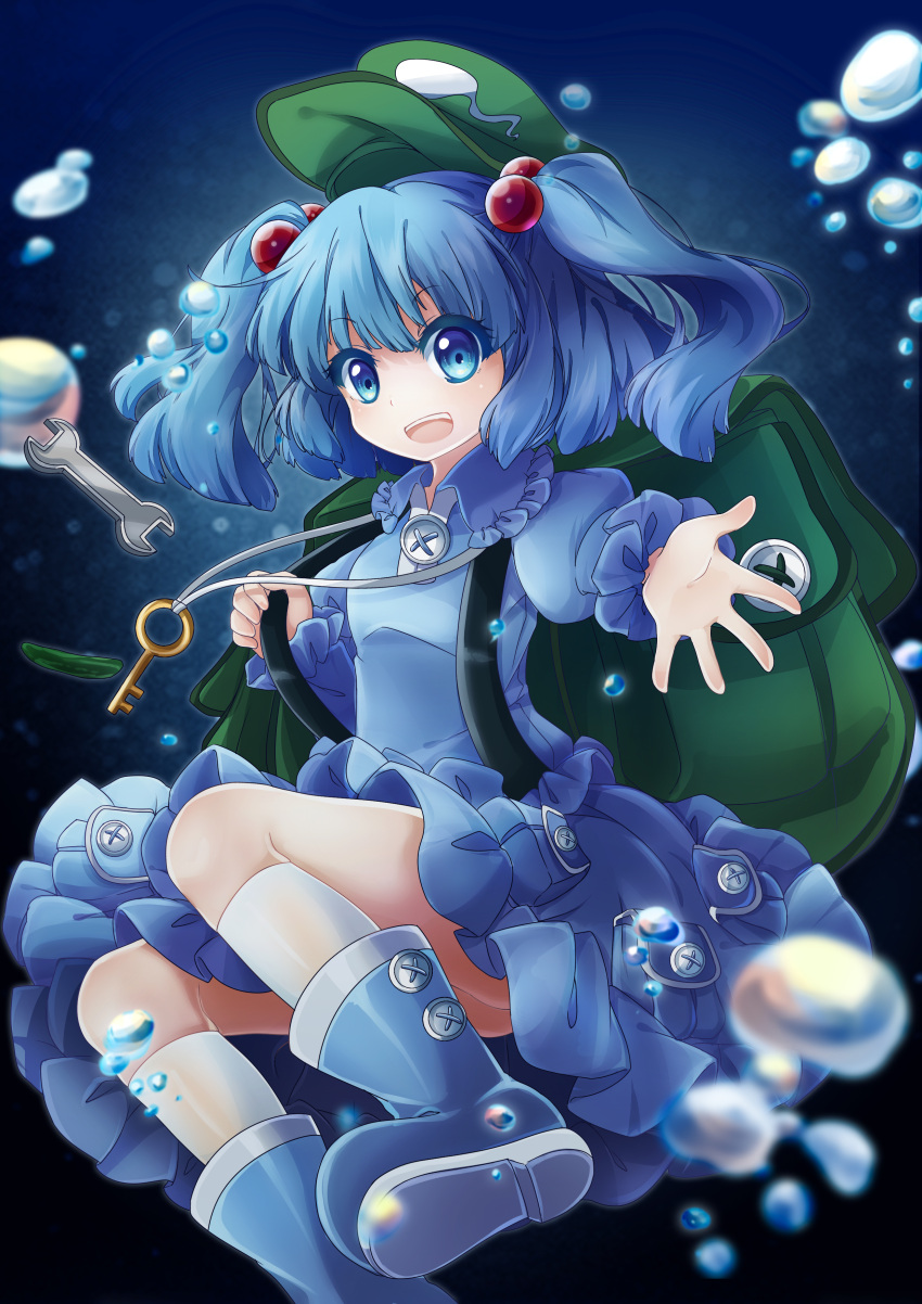 1girl absurdres backpack bag blue_boots blue_eyes blue_hair boots bubble cucumber gradient gradient_background hacko hair_bobbles hair_ornament hat highres kawashiro_nitori key kneehighs long_sleeves looking_at_viewer open_mouth outstretched_arm puffy_sleeves rubber_boots screwdriver shirt skirt skirt_set smile solo touhou two_side_up white_legwear
