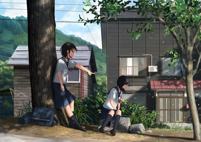 2girls bag black_hair bush clouds commentary dappled_sunlight dated grass highres house leaf leaning loafers looking_back mailbox multiple_girls original pointing ponytail power_lines road scenery school_bag school_uniform serafuku shoes short_hair signature sky sliding sliding_doors street sunlight tree wind yakikoke