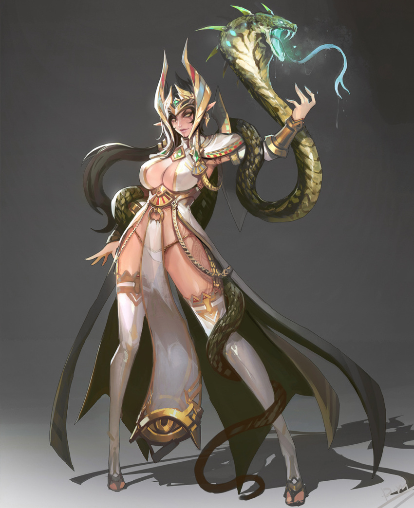 &gt;:) 1girl armpits black_hair boots breasts cleavage closed_mouth cobra_(animal) detached_sleeves earrings egyptian_clothes elf facial_mark full_body garter_straps helmet highres jewelry large_breasts long_hair looking_at_viewer original panties pelvic_curtain pointy_ears revealing_clothes see-through smile smjim1986 snake solo standing thigh-highs thigh_boots underwear waist_cape white_boots white_panties yellow_eyes