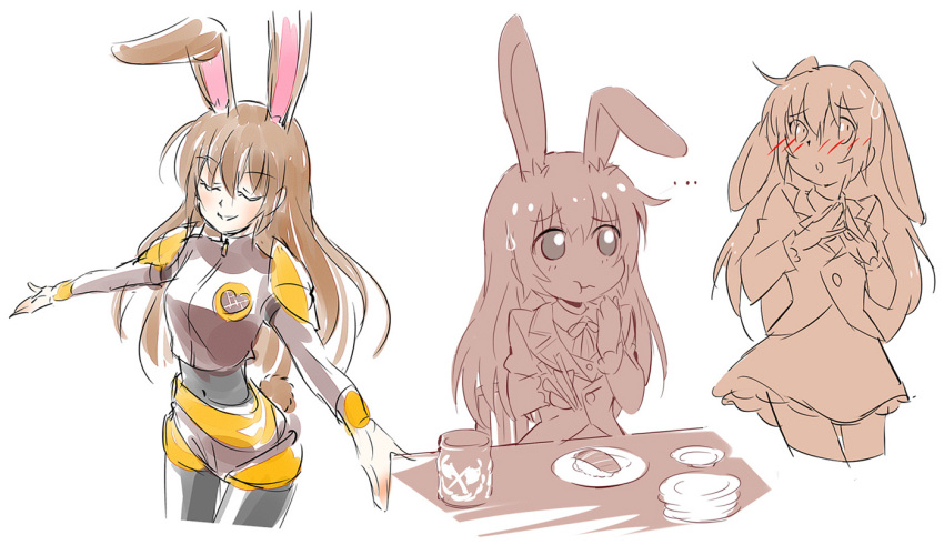 1girl animal_ears blush brown_hair chibi chopsticks eating food iesupa plate rabbit_ears rwby school_uniform sushi sweatdrop velvet_scarlatina