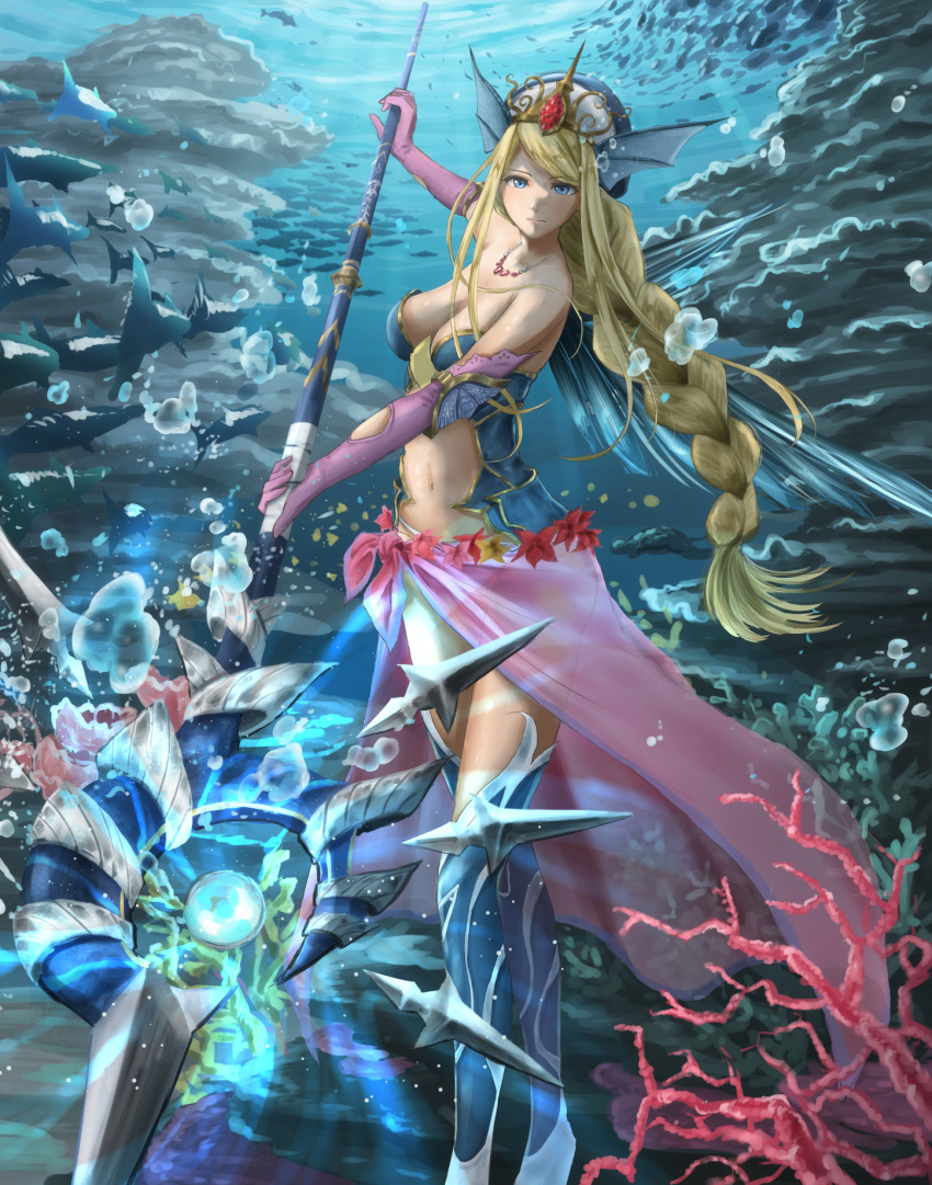 1girl blonde_hair blue_eyes breasts bubble cleavage elbow_gloves eyebrows_visible_through_hair fish gloves highres holding holding_staff k_ryo large_breasts long_hair looking_at_viewer navel original purple_gloves solo staff underwater