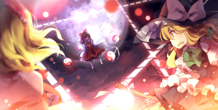 3girls alice_margatroid ascot black_hat black_shoes black_skirt blonde_hair bow broom capelet commentary_request danmaku dena.ei detached_sleeves flying_sweatdrops full_moon gohei hair_bow hair_tubes hairband hakurei_reimu hat hat_bow imperishable_night kirisame_marisa long_hair moon multiple_girls night night_sky ofuda puffy_short_sleeves puffy_sleeves red_bow red_skirt ribbon-trimmed_sleeves ribbon_trim shide shoes short_sleeves skirt skirt_set sky touhou vest white_bow witch_hat yellow_eyes yin_yang