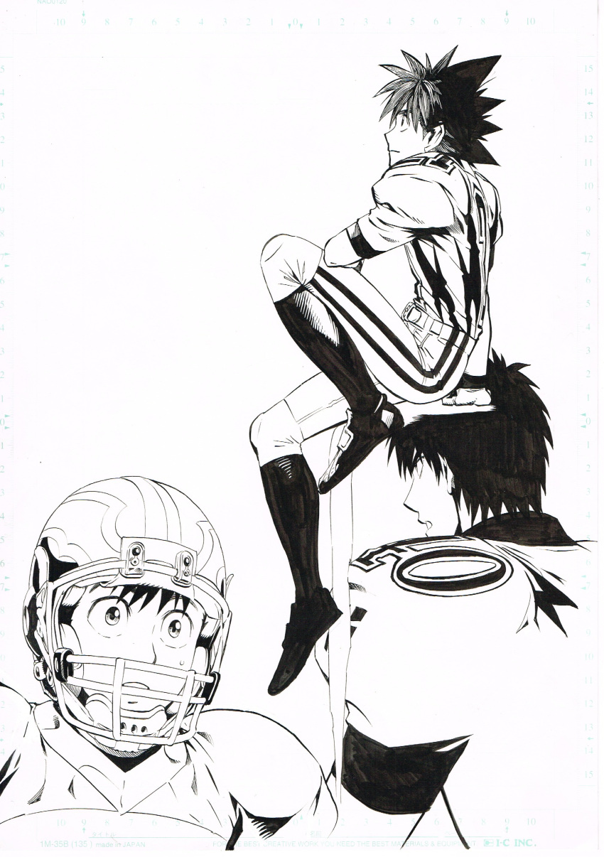 :o absurdres commentary_request elbow_on_knee eyeshield_21 football_helmet football_uniform from_behind from_side greyscale helmet highres kobayakawa_sena looking_afar looking_up monochrome multiple_views murata_yuusuke open_mouth pointy_hair scan simple_background sitting sportswear sweatdrop white_background work_in_progress
