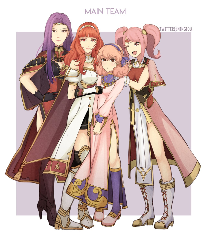 4girls armor cape celica_(fire_emblem) cloak curly_hair fire_emblem fire_emblem_echoes:_mou_hitori_no_eiyuuou fire_emblem_gaiden gloves highres jenny_(fire_emblem) kyou_(ningiou) looking_at_viewer mae_(fire_emblem) multiple_girls pink_hair purple_hair redhead simple_background smile sonia_(fire_emblem_gaiden) thigh-highs twintails