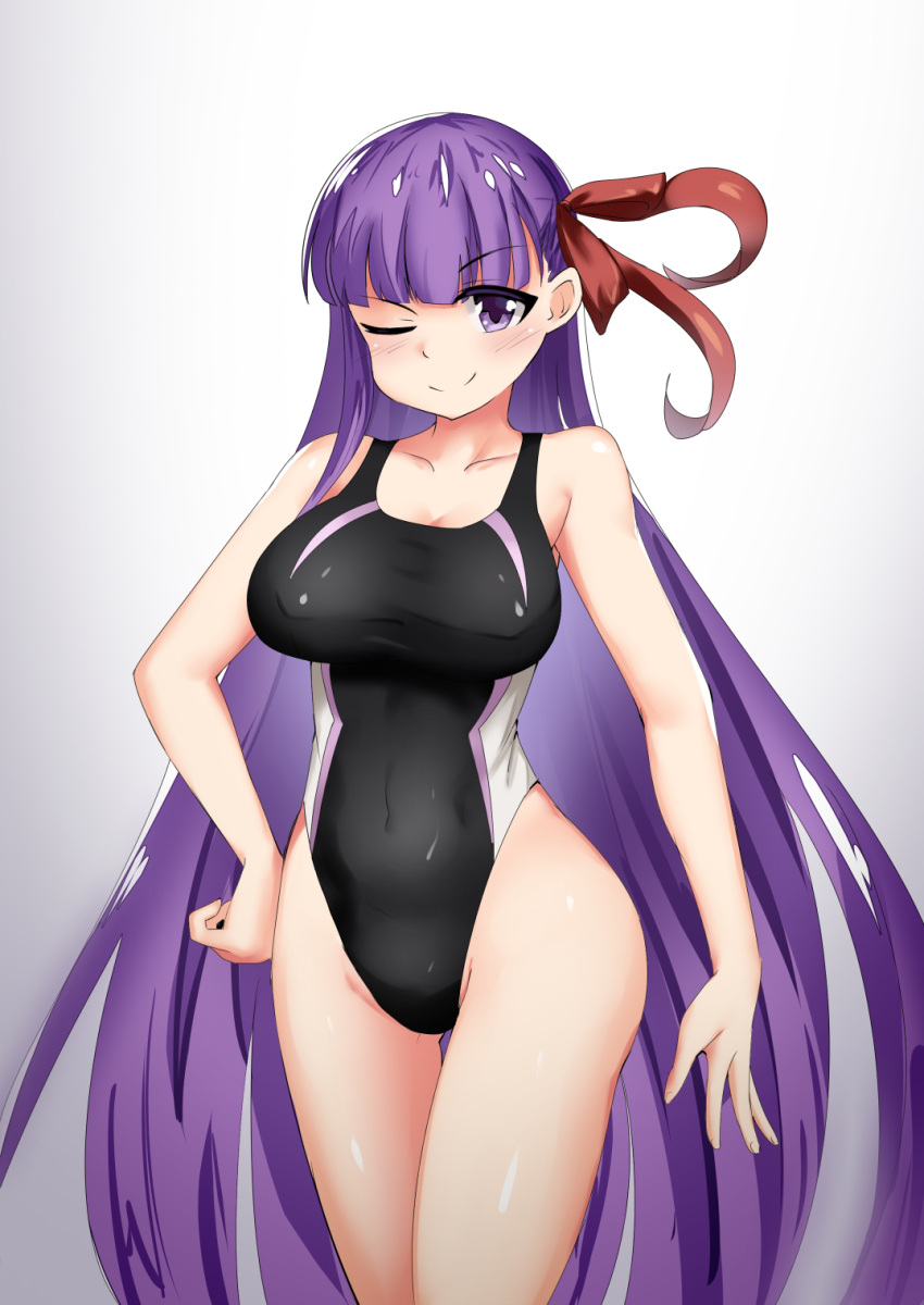 1girl bb_(fate/extra_ccc) black_swimsuit competition_swimsuit cowboy_shot drawfag fate/extra fate/extra_ccc fate_(series) hair_ribbon highres long_hair looking_at_viewer one-piece_swimsuit one_eye_closed purple_hair red_ribbon ribbon sile solo standing swimsuit very_long_hair violet_eyes