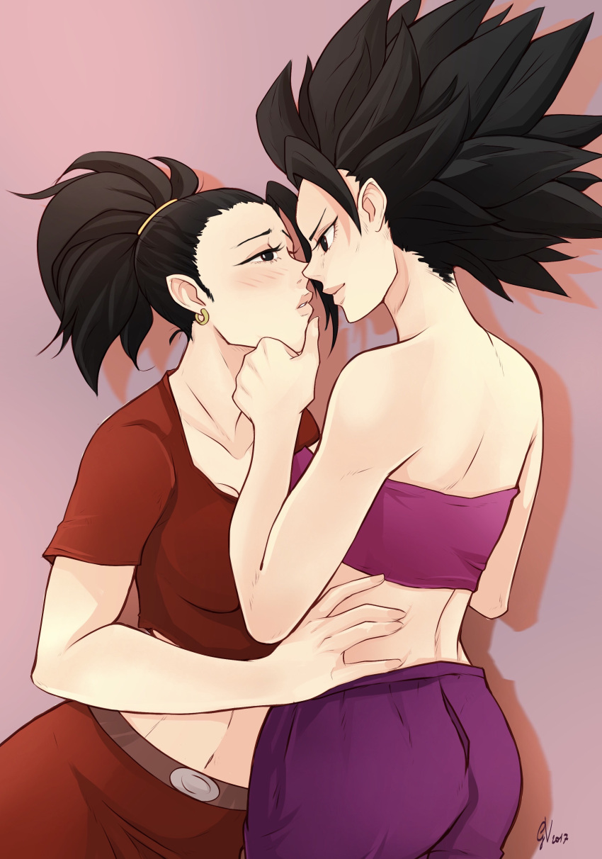 2girls absurdres bare_shoulders black_eyes black_hair breasts caulifla chin_grab crop_top dragon_ball dragon_ball_super earrings eye_contact eyelashes giulia_valeriani half-closed_eyes highres incipient_kiss jewelry kale_(dragon_ball) lips looking_at_another medium_breasts midriff multiple_girls ponytail spiky_hair strapless tubetop yuri