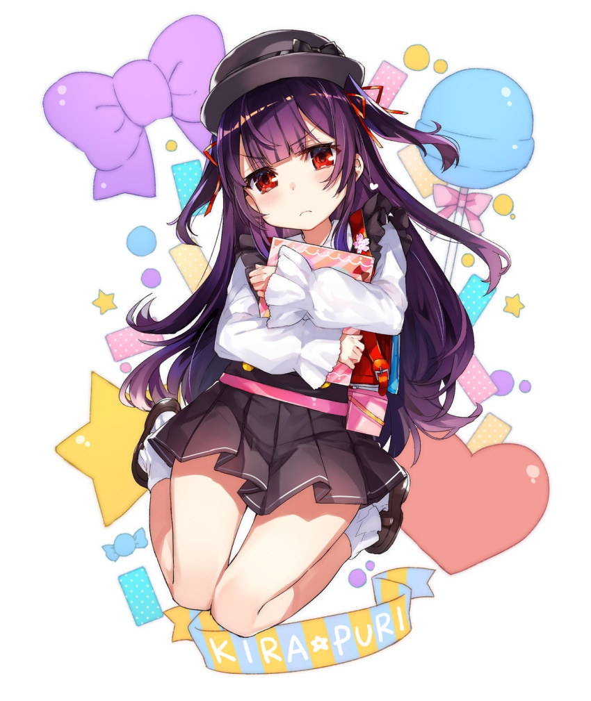 1girl black_hat black_ribbon black_skirt blush book bow eyebrows_visible_through_hair hair_ribbon hat hat_ribbon head_tilt heart highres holding holding_book kneeling long_hair mika_pikazo miniskirt original pleated_skirt purple_bow purple_hair red_eyes red_ribbon ribbon shirt simple_background skirt socks solo two_side_up very_long_hair white_background white_legwear white_shirt