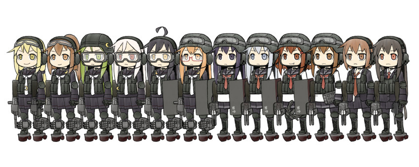 &gt;:) 6+girls ahoge akatsuki_(kantai_collection) black_hair black_sailor_collar black_serafuku black_skirt blazer blonde_hair brown_eyes brown_hair commentary_request creator_connection crescent crescent_hair_ornament fang folded_ponytail fumizuki_(kantai_collection) goggles goggles_on_head green_eyes green_hair grey_eyes hair_ornament harukaze_unipo hatsushimo_(kantai_collection) headphones helmet hibiki_(kantai_collection) highres ikazuchi_(kantai_collection) inazuma_(kantai_collection) jacket kantai_collection kikuzuki_(kantai_collection) long_hair long_sleeves low_twintails machinery mikazuki_(kantai_collection) mochizuki_(kantai_collection) multiple_girls nagatsuki_(kantai_collection) neckerchief necktie pleated_skirt police ponytail purple_hair red_eyes red_neckerchief red_necktie rigging riot_shield rudder_shoes sailor_collar satsuki_(kantai_collection) school_uniform serafuku short_hair silver_hair simple_background skirt smile turret twintails violet_eyes wakaba_(kantai_collection) white_background white_hair white_necktie yellow_eyes
