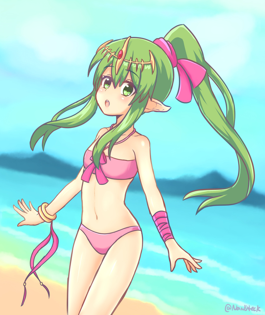 1girl bare_shoulders blush bracelet chiki collarbone eyebrows_visible_through_hair fire_emblem fire_emblem_heroes green_eyes green_hair highres jewelry looking_at_viewer nan0teck navel parted_lips ponytail solo teeth twitter_username