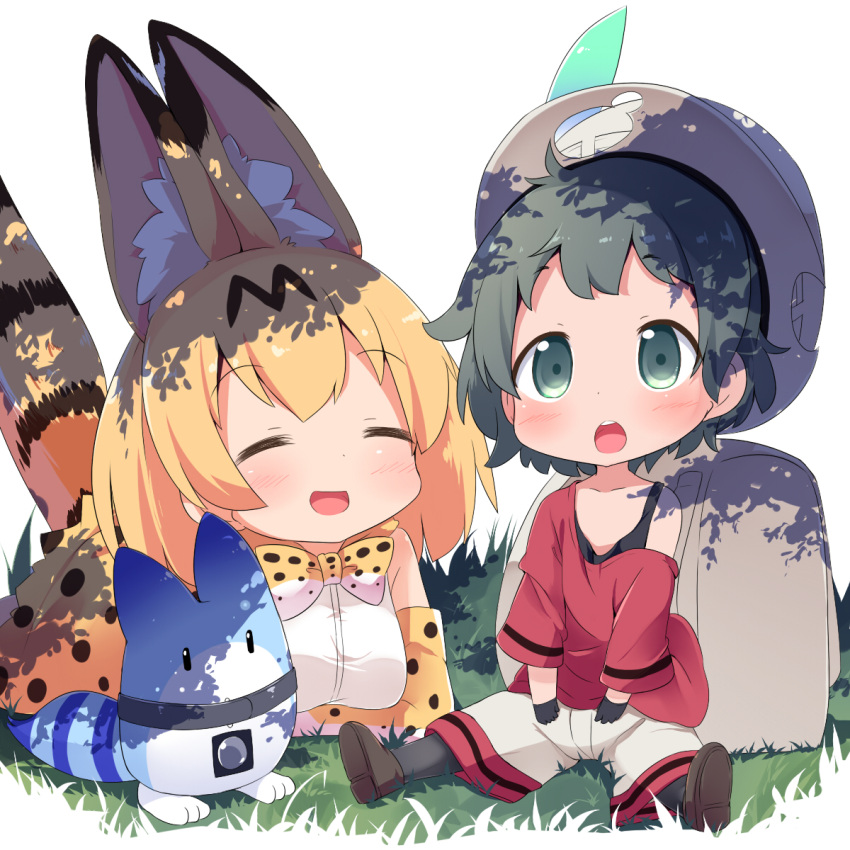 2girls :d :o animal_ears backpack bag black_tank_top blonde_hair bucket_hat chibi commentary_request elbow_gloves gloves grass green_eyes green_hair hat hat_feather highres kaban_(kemono_friends) kemono_friends lucky_beast_(kemono_friends) makuran multiple_girls off_shoulder open_mouth oversized_clothes print_bowtie print_gloves print_skirt red_shirt serval_(kemono_friends) serval_ears serval_print serval_tail shirt short_hair shorts sitting skirt smile tail tank_top tree_shade younger |d