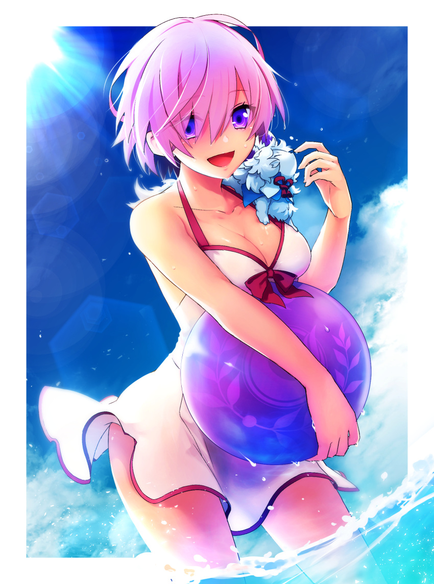1girl :d bare_shoulders cocorosso dress fate/grand_order fate_(series) fou_(fate/grand_order) highres looking_at_viewer ocean open_mouth outdoors purple_hair shielder_(fate/grand_order) short_hair sleeveless sleeveless_dress smile violet_eyes white_dress