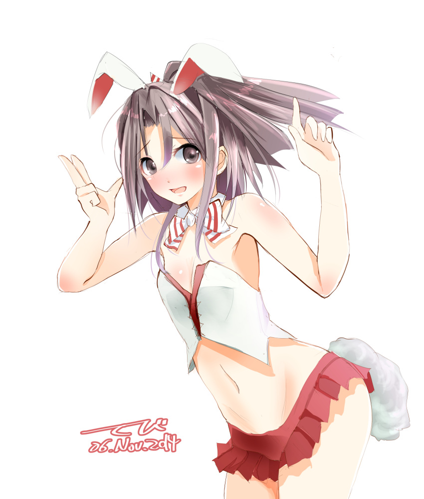 1girl 2014 animal_ears black_eyes black_hair bow bowtie breasts choker cleavage crop_top dated fake_animal_ears fake_tail hair_between_eyes hairband high_ponytail highres index_finger_raised kantai_collection leaning_forward long_hair looking_at_viewer microskirt midriff navel rabbit_ears red_skirt shiny shiny_skin simple_background skirt small_breasts solo standing stomach strapless striped striped_bow striped_bowtie tebi_(tbd11) white_background white_hairband zuihou_(kantai_collection)