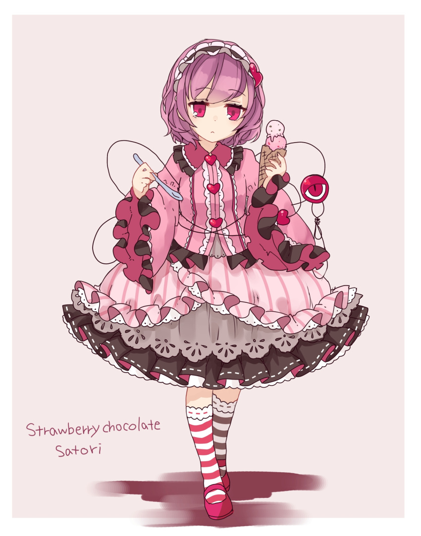 1girl :&lt; alternate_costume black_hairband black_legwear black_skirt character_name food full_body hairband heart highres holding holding_spoon ice_cream kneehighs komeiji_satori layered_skirt lolita_fashion lolita_hairband long_sleeves mismatched_legwear pink_eyes pink_legwear pink_shirt pink_skirt purple_hair red_shoes ribbon-trimmed_skirt ribbon_trim shirt shoes skirt solo spoon standing strawberry_chocolate striped striped_legwear third_eye touhou toutenkou wide_sleeves