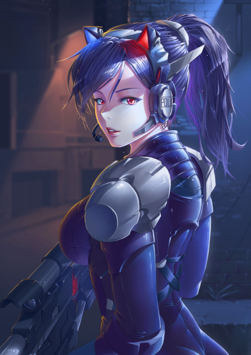1girl absurdres armor blue_hair gi_gi gun hair_between_eyes headset highres holding holding_gun holding_weapon long_hair looking_at_viewer original outdoors parted_lips police police_uniform policewoman ponytail red_eyes solo standing uniform weapon