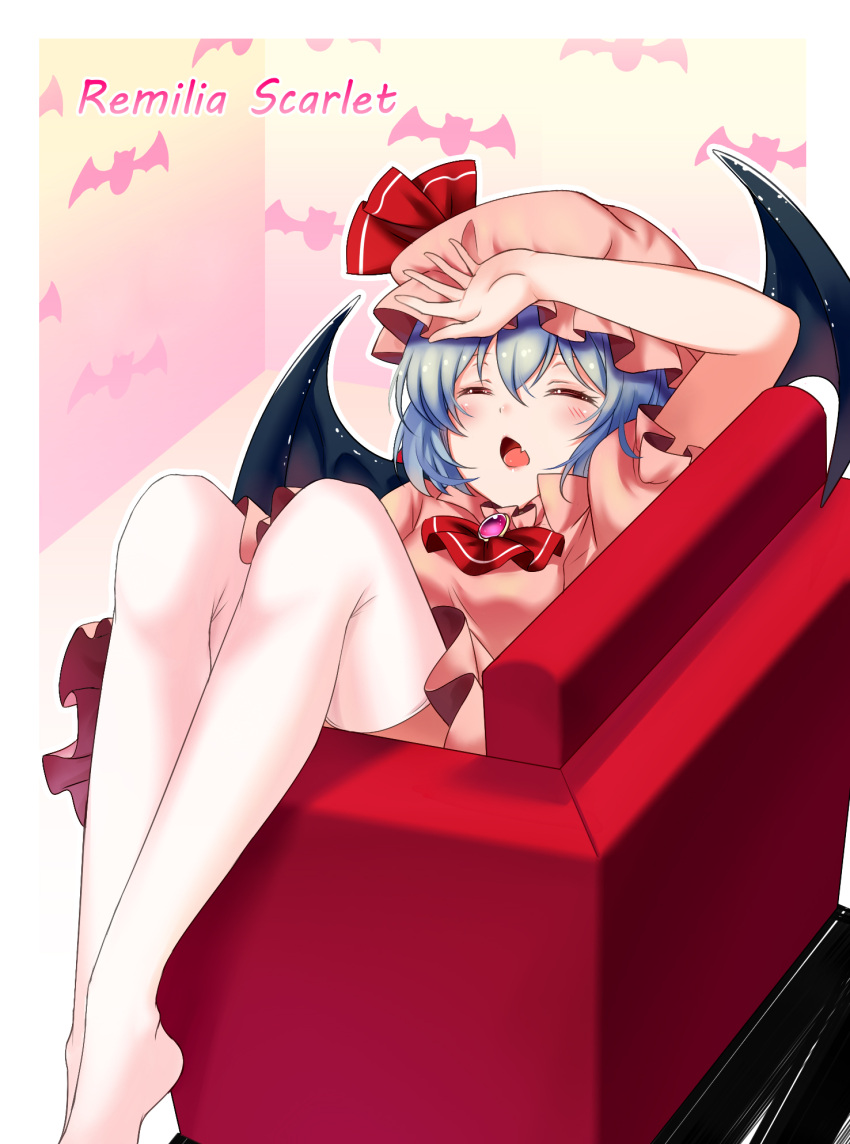 1girl arm_on_head bat bat_wings blue_hair blush brooch character_name closed_eyes commentary_request corner couch dress fang gradient gradient_background hair_between_eyes hat hat_ribbon highres jewelry koissa lying mob_cap on_back open_mouth pink_dress puffy_short_sleeves puffy_sleeves remilia_scarlet ribbon short_hair short_sleeves skirt sleeping solo thigh-highs touhou white_legwear wings
