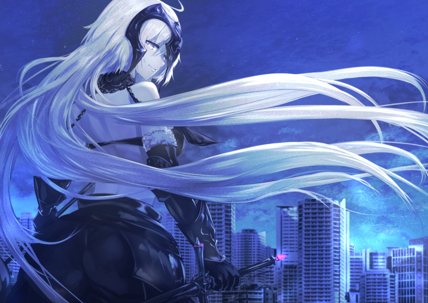1girl ahoge armor armored_dress bangs black_dress blue_sky breasts building chain cityscape dress english_commentary fate/grand_order fate_(series) faulds from_behind fur_trim gauntlets headpiece holding holding_sword holding_weapon jeanne_d'arc_(alter)_(fate) jeanne_d'arc_(fate) jeanne_d'arc_(fate)_(all) large_breasts long_hair looking_back silver_hair sky skyscraper smile sword uenoryoma very_long_hair weapon yellow_eyes