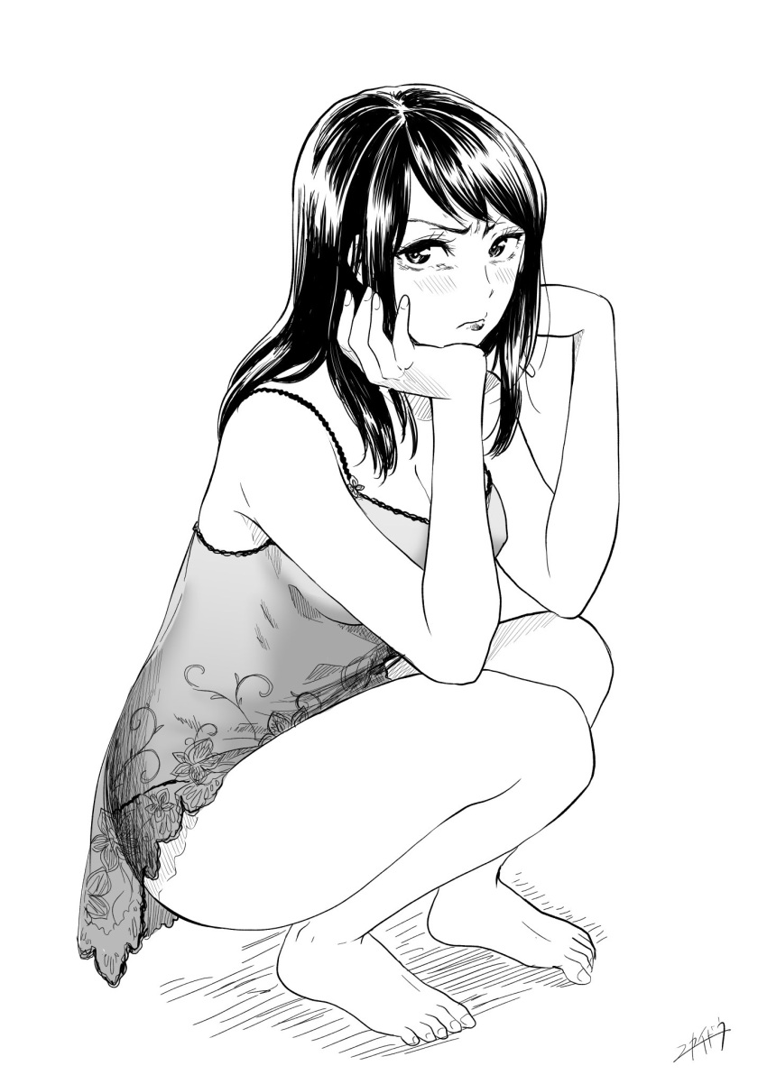 &gt;:( 1girl artist_signature barefoot breasts chin_rest cleavage commentary_request elbows_on_knees from_side frown greyscale hand_on_own_chin highres legs looking_at_viewer medium_breasts medium_hair monochrome nikaidou_kou no_bra original panty_straps shadow simple_background solo squatting vest white_background