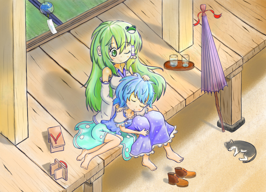2girls ankle_boots barefoot blue_hair blue_skirt blush boots boots_removed cat closed_eyes closed_umbrella cup day detached_sleeves drinking_glass footwear_removed frog_hair_ornament from_above geta green_eyes green_hair hair_ornament hair_tubes hand_on_another's_head hand_on_another's_shoulder kochiya_sanae lap_pillow leg_hold long_hair looking_down lying_on_person multiple_girls mutsuraboshi_(zyukutyoumt) nontraditional_miko one_eye_closed oriental_umbrella outdoors puffy_short_sleeves puffy_sleeves short_sleeves sitting skirt skirt_set sleeping smile tatami tatara_kogasa touhou tray umbrella veranda wind_chime