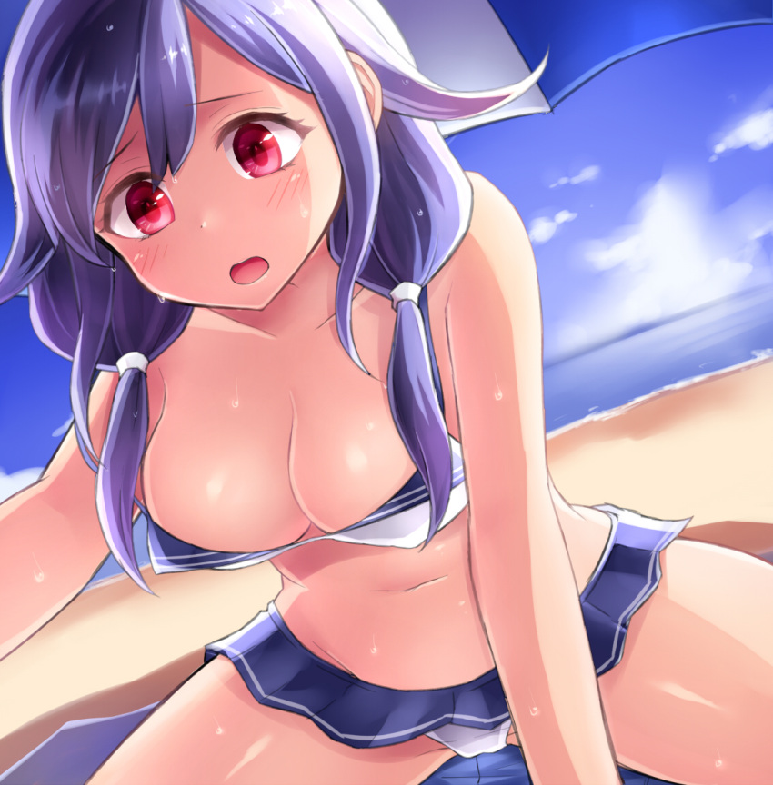 1girl adapted_costume beach between_legs bikini_bottom bikini_top blue_hair blue_sky breasts cleavage clouds commentary_request downblouse hair_over_shoulder hair_tie hand_between_legs kantai_collection large_breasts leaning_forward long_hair low_twintails navel neit_ni_sei ocean open_mouth red_eyes sand shadow sidelocks sitting sky solo sweat taigei_(kantai_collection) twintails umbrella