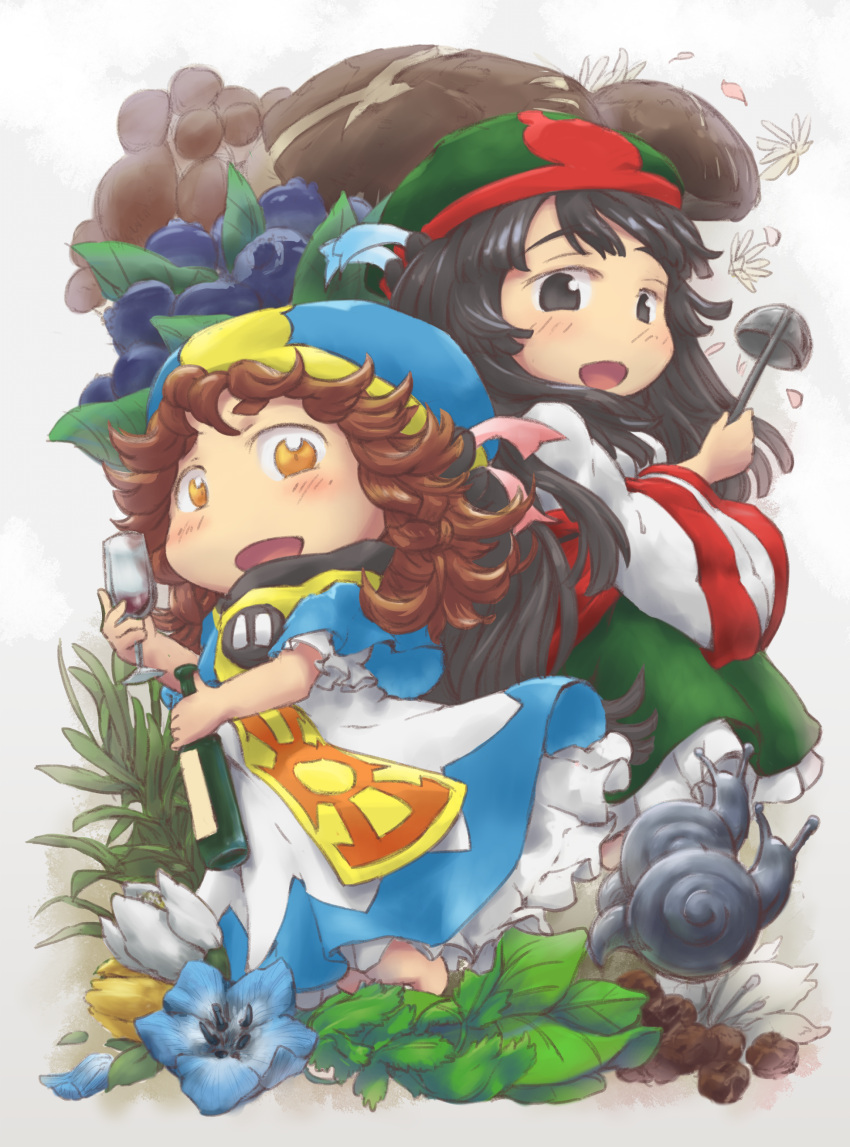 2girls absurdres back-to-back black_hair blueberry blush bottle brown_hair cup drinking_glass flower food fruit hakumei_(hakumei_to_mikochi) hakumei_to_mikochi hat highres ladle leaf long_hair looking_at_viewer mikochi_(hakumei_to_mikochi) minigirl multiple_girls mushroom orange_eyes parfaith smile snail wine_bottle wine_glass