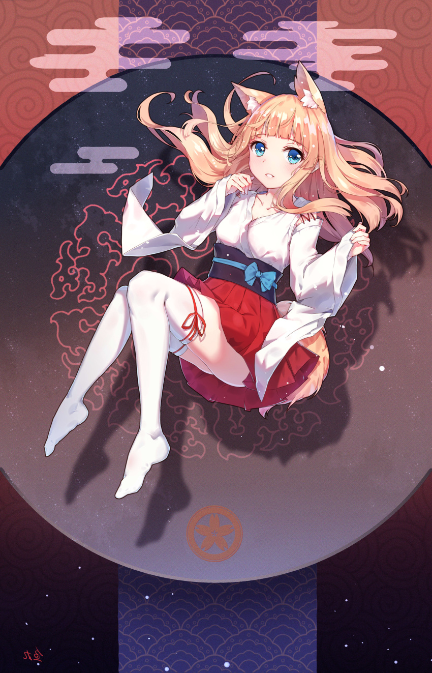 1girl absurdres animal_ears bangs blonde_hair blue_eyes blunt_bangs blush breasts collarbone detached_sleeves eyebrows_visible_through_hair fox_ears fox_girl fox_tail full_body hands_up highres japanese_clothes leg_ribbon long_hair long_sleeves looking_at_viewer miniskirt obi original parted_lips red_ribbon red_skirt ribbon sash skirt sleeves_past_wrists small_breasts smile solo tail teeth thigh-highs white_legwear wide_sleeves yuwan_2333