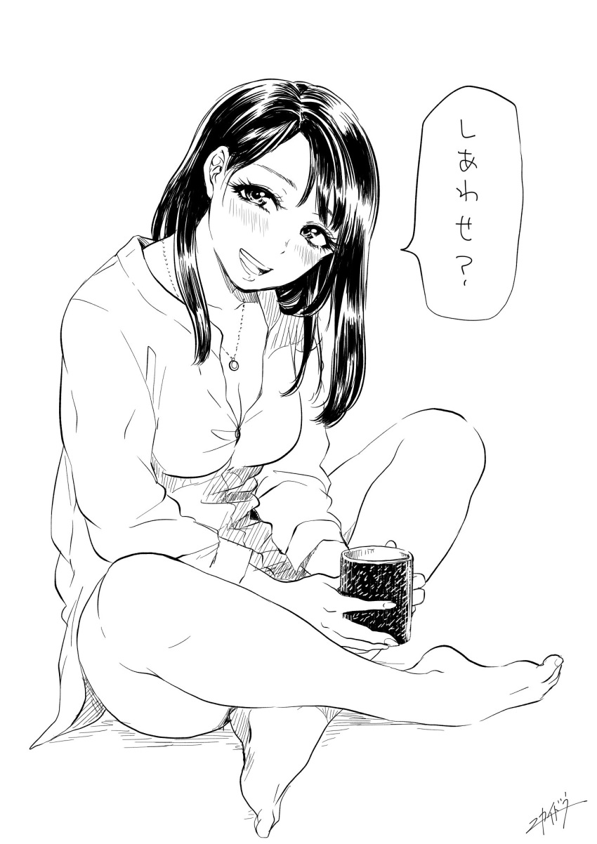 1girl :d artist_signature bangs barefoot blush breasts check_translation cleavage commentary_request cup greyscale head_tilt highres holding holding_cup indian_style jewelry looking_at_viewer medium_breasts medium_hair monochrome necklace nikaidou_kou open_mouth original shirt simple_background sitting smile solo speech_bubble translated white_background