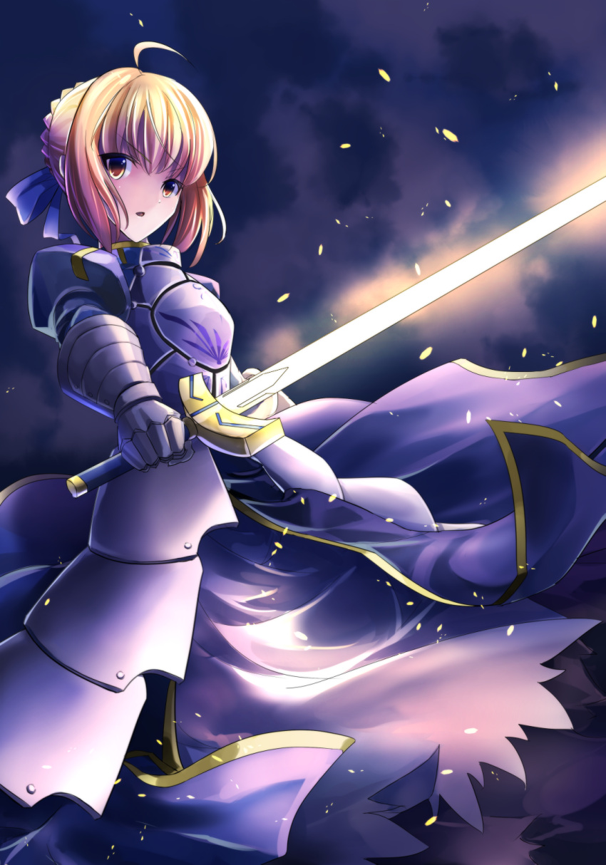 1girl ahoge armor armored_dress blonde_hair blue_dress blue_ribbon dress excalibur fate/stay_night fate_(series) gauntlets hair_ribbon highres holding holding_sword holding_weapon janne_cherry open_mouth ribbon saber short_hair solo standing sword weapon yellow_eyes