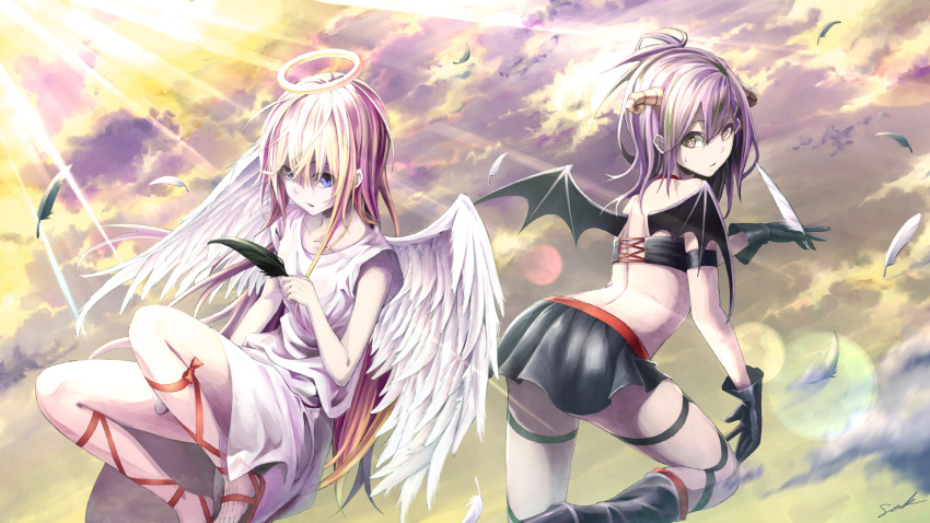 2girls angel angel_wings artist_signature bare_shoulders black_feathers blonde_hair blue_eyes boots clouds cross-laced_footwear cross-laced_legwear demon_girl demon_horns demon_tail demon_wings diffraction_spikes feathers floating gabriel_dropout gloves hallelujah_essaim halo highres holding_feather horns leaning_forward long_hair looking_at_viewer looking_back multiple_girls parted_lips purple_hair sak_(pixiv) sandals short_hair skirt sky strapless tail tenma_gabriel_white topknot tsukinose_vignette_april tubetop violet_eyes wings