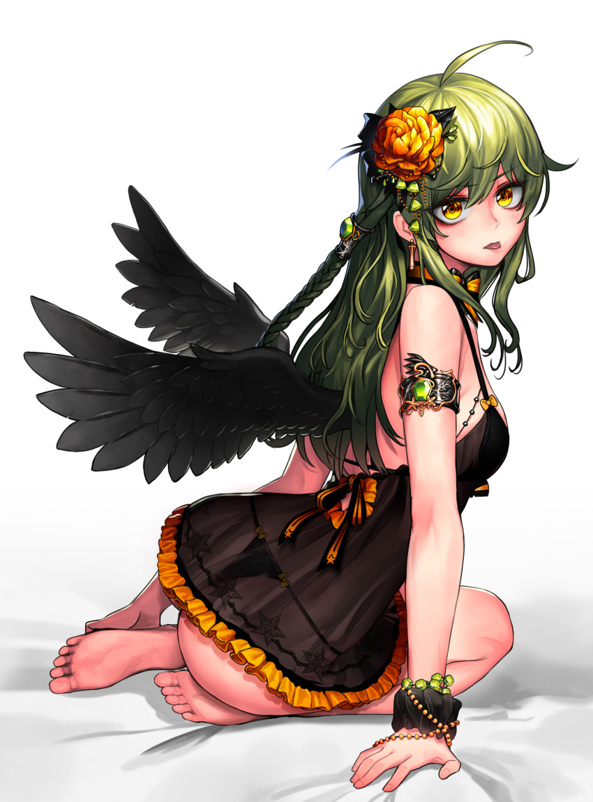 1girl :p arm_at_side arm_support armlet ass babydoll bangs bare_shoulders barefoot bead_bracelet beads bed_sheet black_bow black_bowtie black_bra black_panties black_wings blush bow bowtie bra bracelet braid breasts cain_(grt1125) demon earrings eyebrows_visible_through_hair feathered_wings feet fingernails flower frills from_side gem green_hair hair_flower hair_ornament highres jewelry lingerie long_hair looking_at_viewer on_bed orange_flower original panties sapphire_(stone) scrunchie see-through side_braid simple_background sitting sitting_on_bed small_breasts soles solo spread_wings thong thong_panties toes tongue tongue_out twisted_torso underwear underwear_only white_background wings wrist_scrunchie yellow_eyes yokozuwari