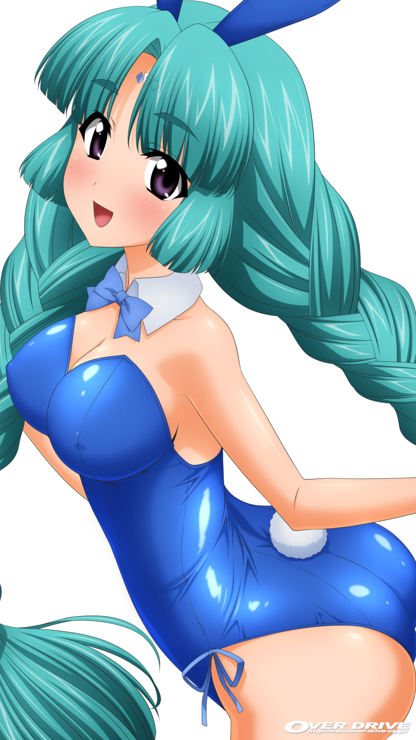 1girl absurdres aqua_hair ass blue_leotard blush braid breasts bunny_girl bunny_tail canal_vorfeed cleavage collarbone cowboy_shot detached_collar detached_sleeves facial_mark forehead_mark green_hair highres large_breasts leotard long_hair looking_at_viewer lost_universe shiny shiny_clothes shiny_hair shiny_skin simple_background smile solo sugimura_tomokazu tail twin_braids violet_eyes white_background